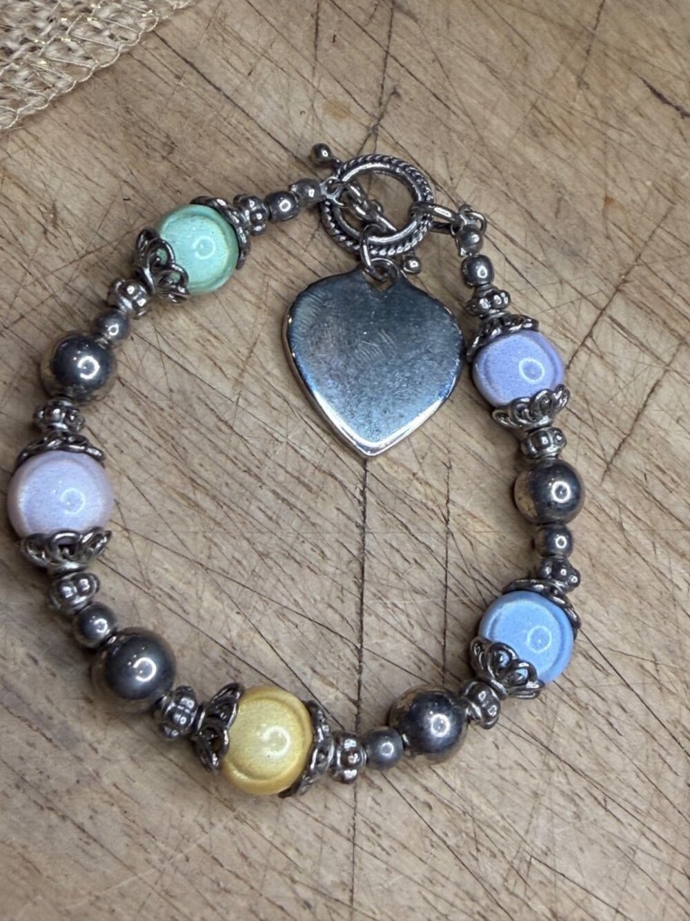 Handmade Beaded Bracelet With Sterling Silver Heart Charm & Colorful Glass Beads